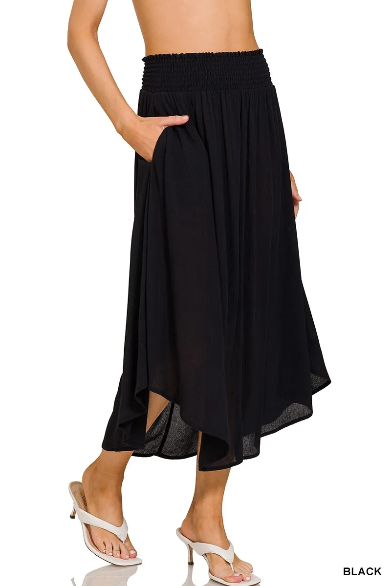 Woven Crinkle Smocked Waist Maxi Skirt W Pockets