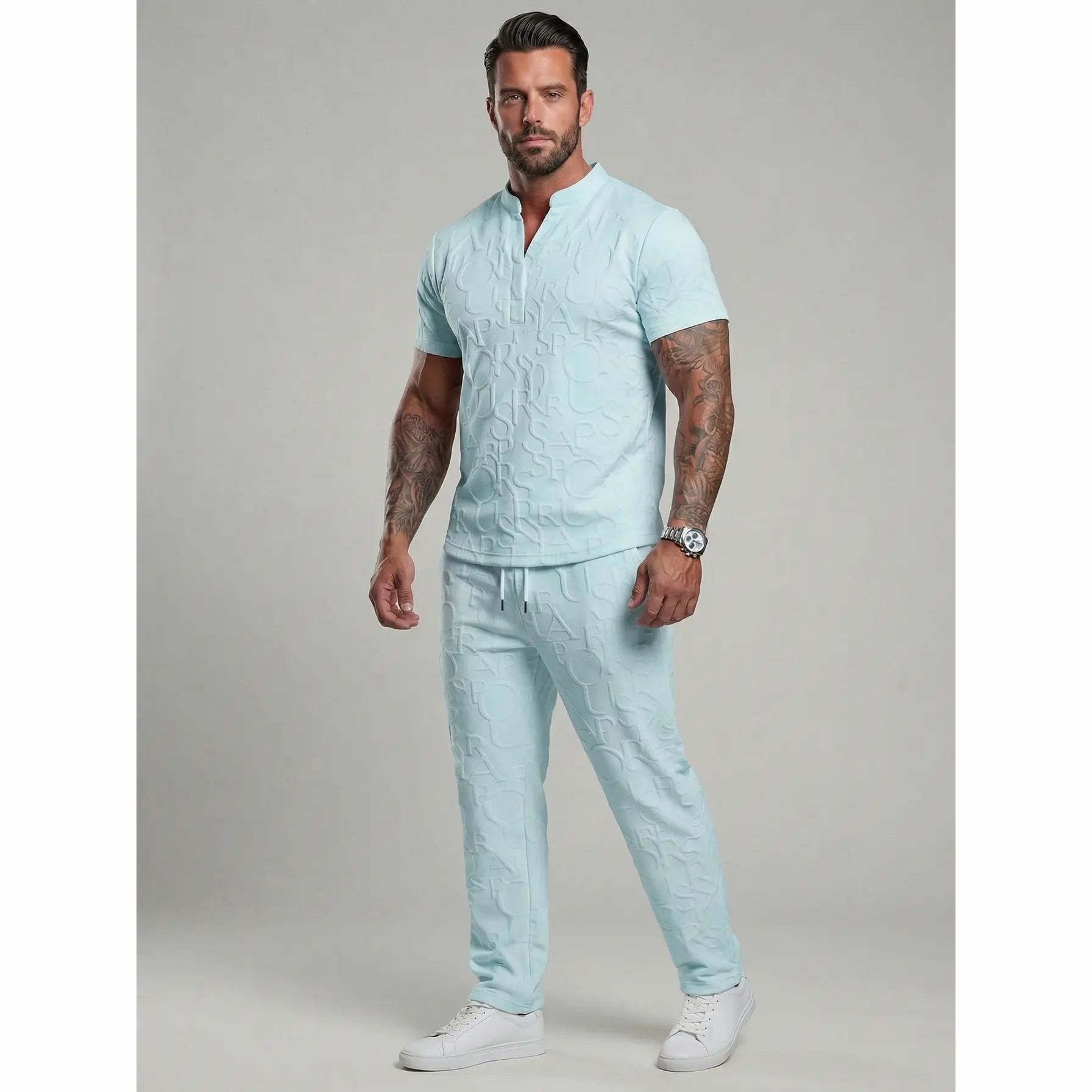 Men's Textured Letter Embossed Tee & Drawstring Waist Pants