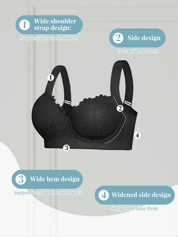 Women's Comfort Push Up Lace Bra Elegant Sexy Lace Bra with Underwire Cups Non-Removable Pads Support Design Adjustable Straps