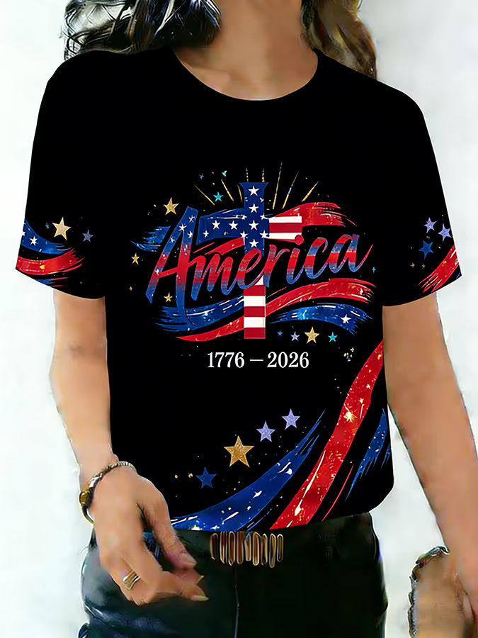 Women's America 250th Anniversary Faith Freedom Independence Brave Print T-Shirt