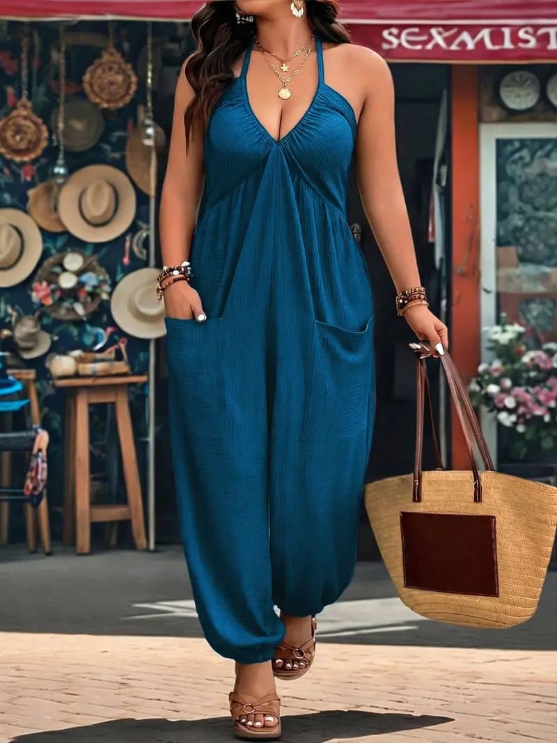 Solid Color Pocket Open Back Jumpsuit, Casual Sleeveless Jumpsuit for Daily Wear