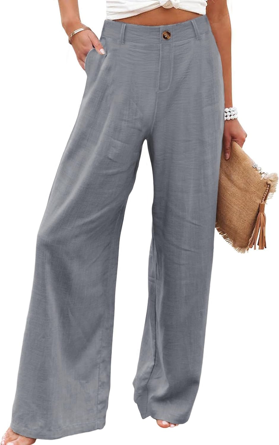 Womens Cotton Linen Pants Casual Button Up High Waisted Wide Leg Trousers