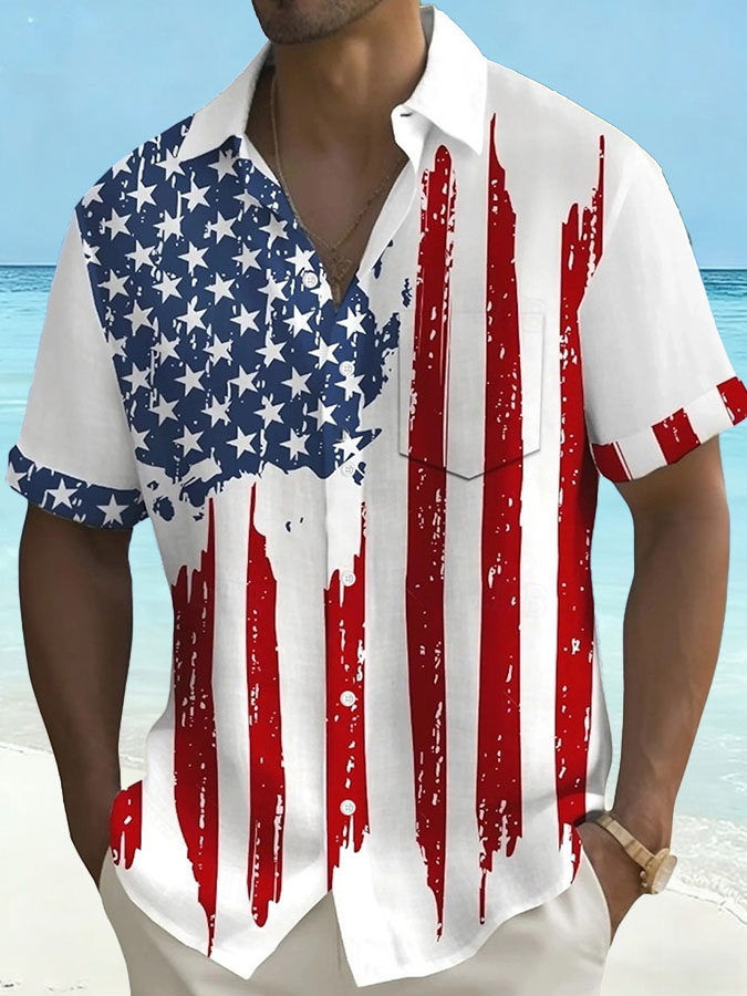 Men'S Hawaii Vacation US Independence Day Celebration Commemorative Printed Short Sleeve Shirt (Pocket Included)