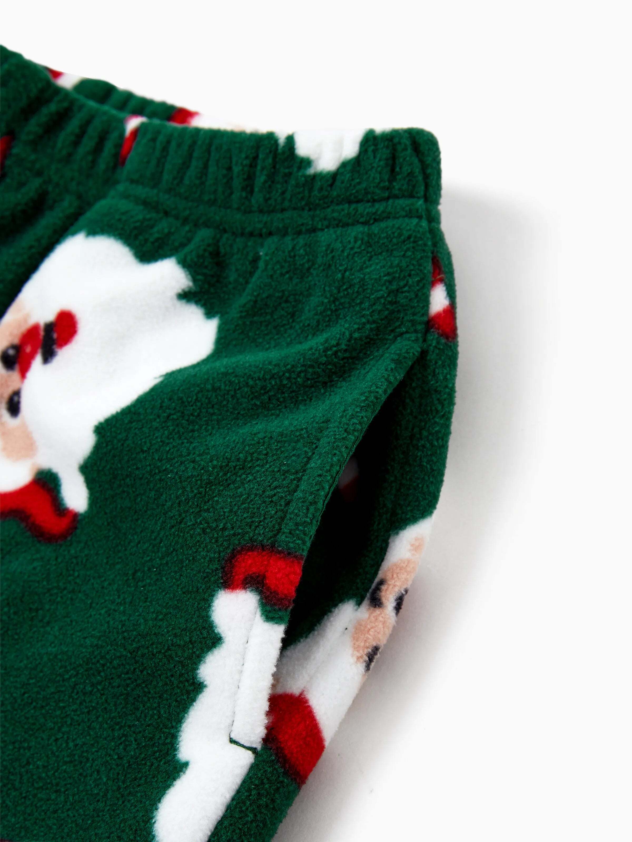 Christmas Matching Family Fleece Pajamas Set Santa Claus and Candy Cane Print PJS with Christmas Socks Dark Green
