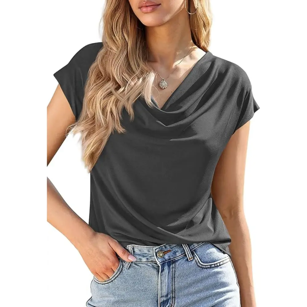 Women's Cowl-Neck Short-Sleeve Top — Elegant Casual Wear, Summer Shirt