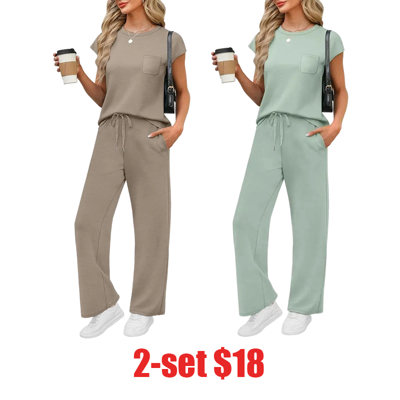 Women's 2 Piece Sets – Casual Summer Travel Vacation Outfits Cap Sleeve Lounge Set Chic Crewneck Soft Silky Breathable Clothes