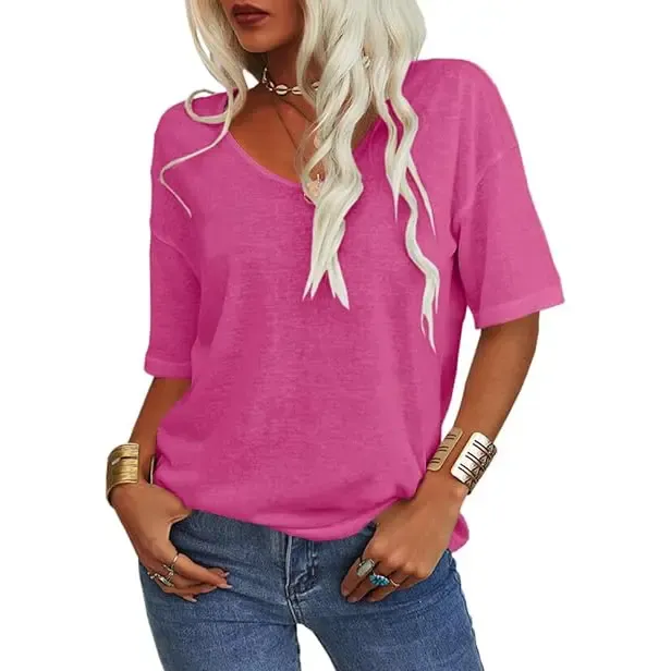 Women’s Soft V-Neck Half Sleeve T-Shirt – Lightweight Loose Fit Casual Everyday Top