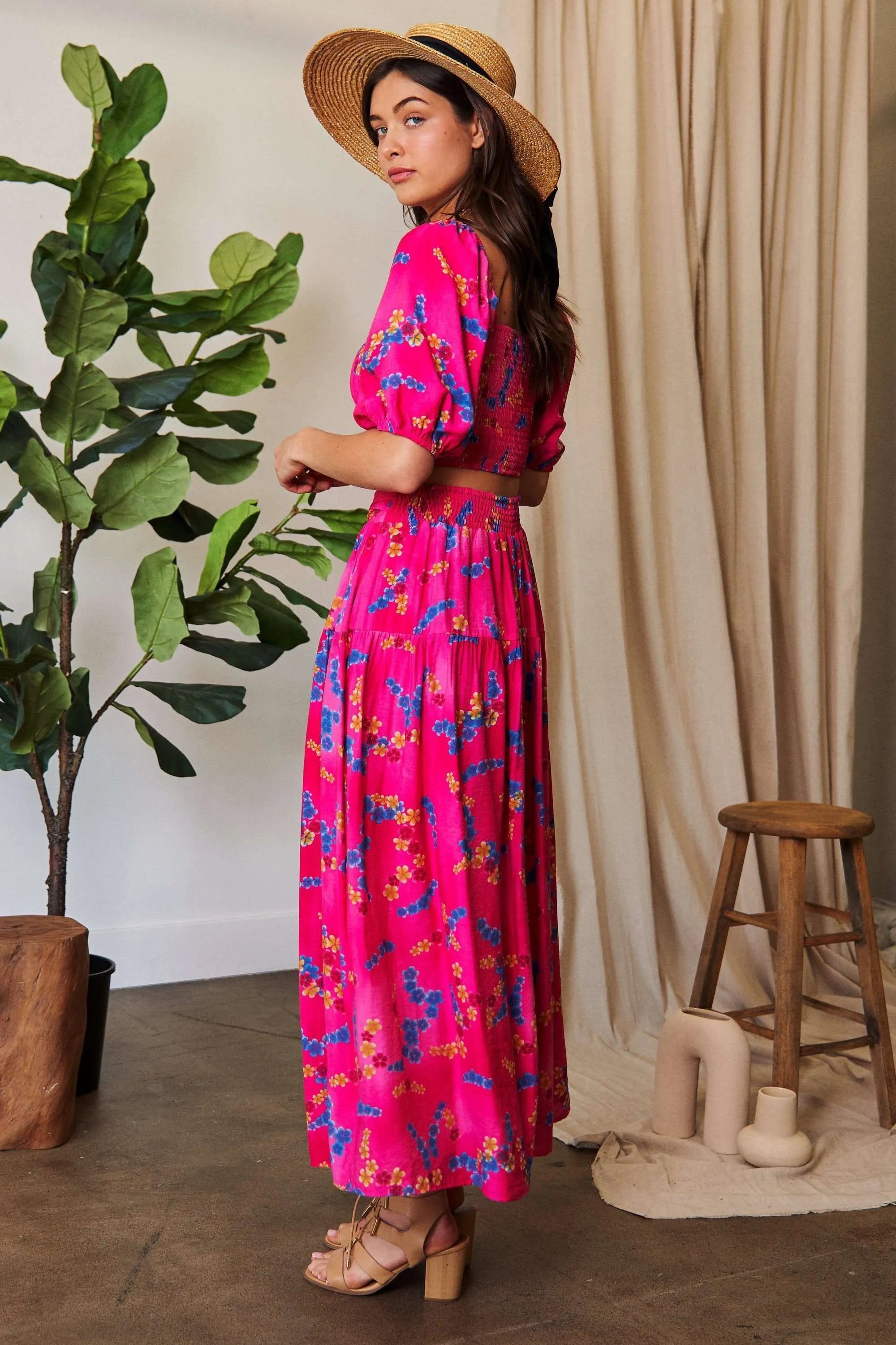 Printed Smocking Waistband Ruffled Maxi Skirt
