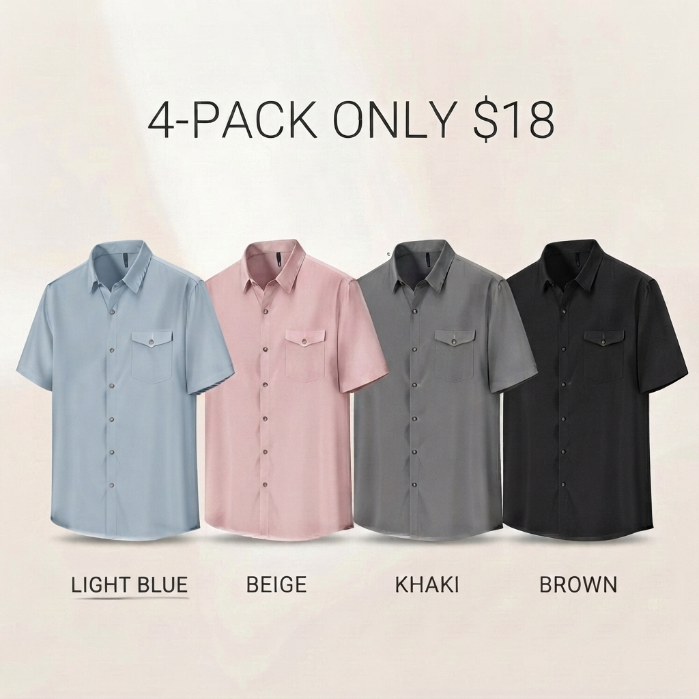 Men's Linen-Like Button-Down Shirt – Classic Collar with Chest Pocket & Curved Hem