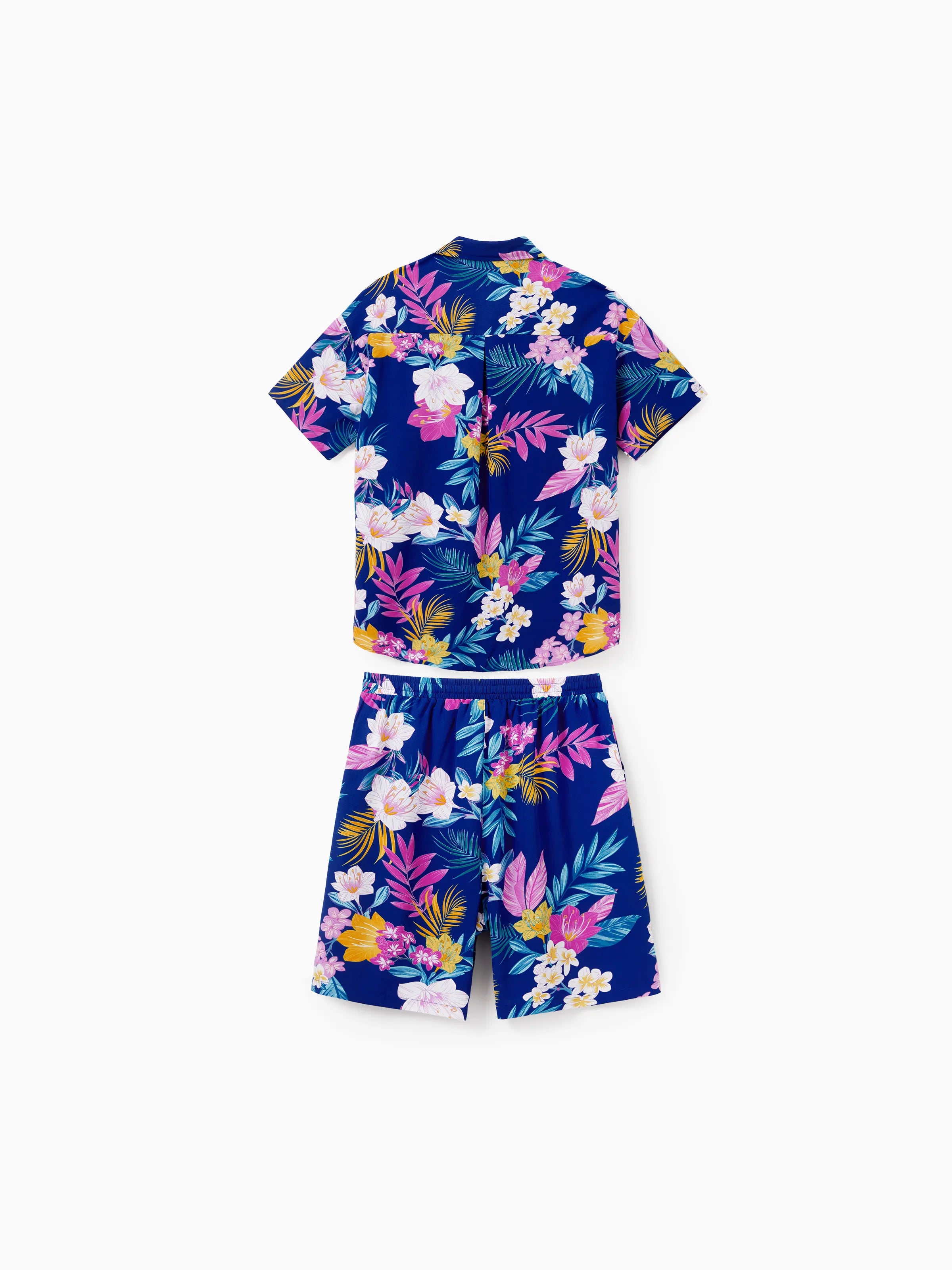 Daddy and Me Matching Family Hawaiian Outfits Tropical Floral Print Strap Dress or Short-sleeve Shirts & Shorts Set Summer Beachwear Set for Vacation  Deep Blue