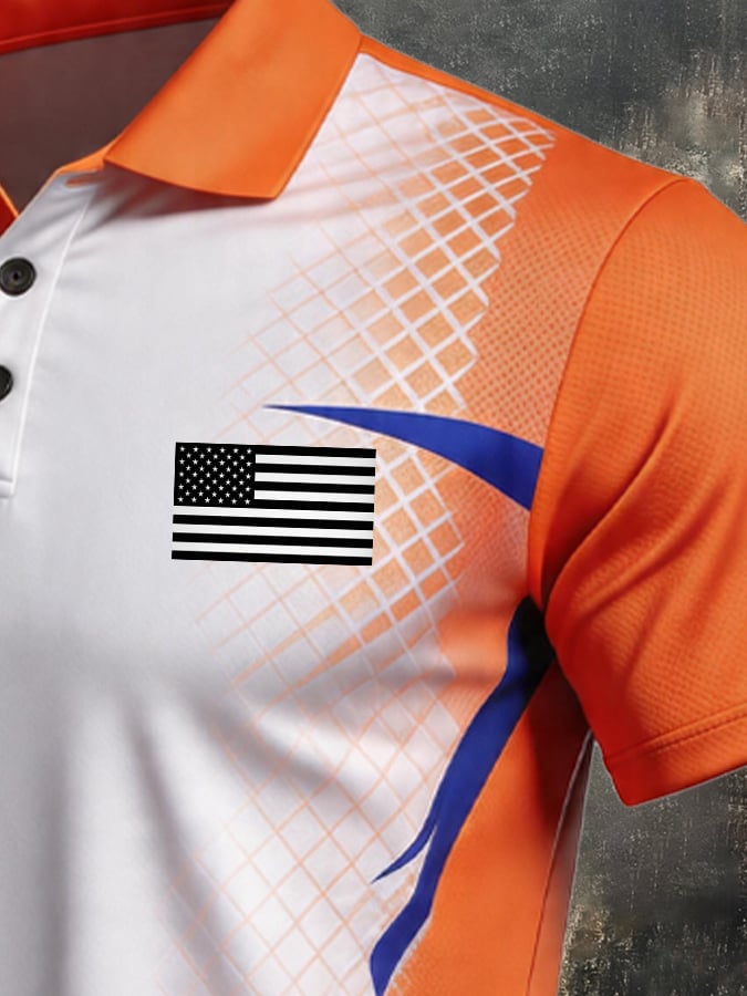 Men's Retro Patriotic Color-Block Short-Sleeve Polo Shirt