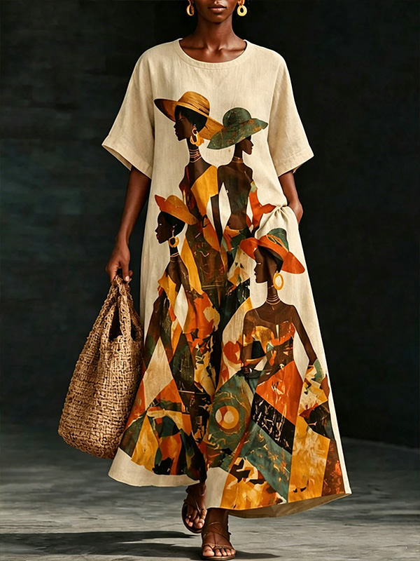 Women's African Portrait Print Short Sleeve Dress