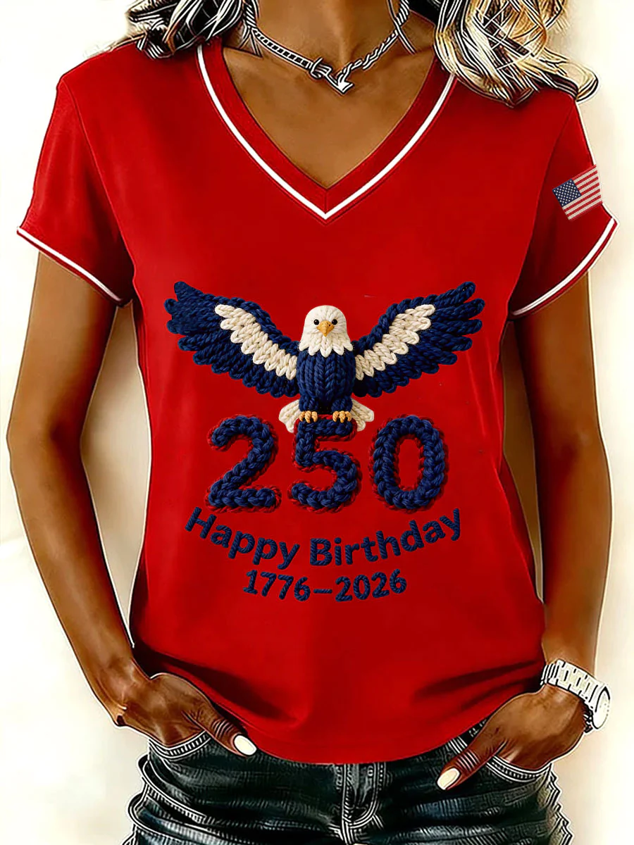 250 Week 1776-2026 Commemorative Year Woven Eagle V-Neck T-Shirt