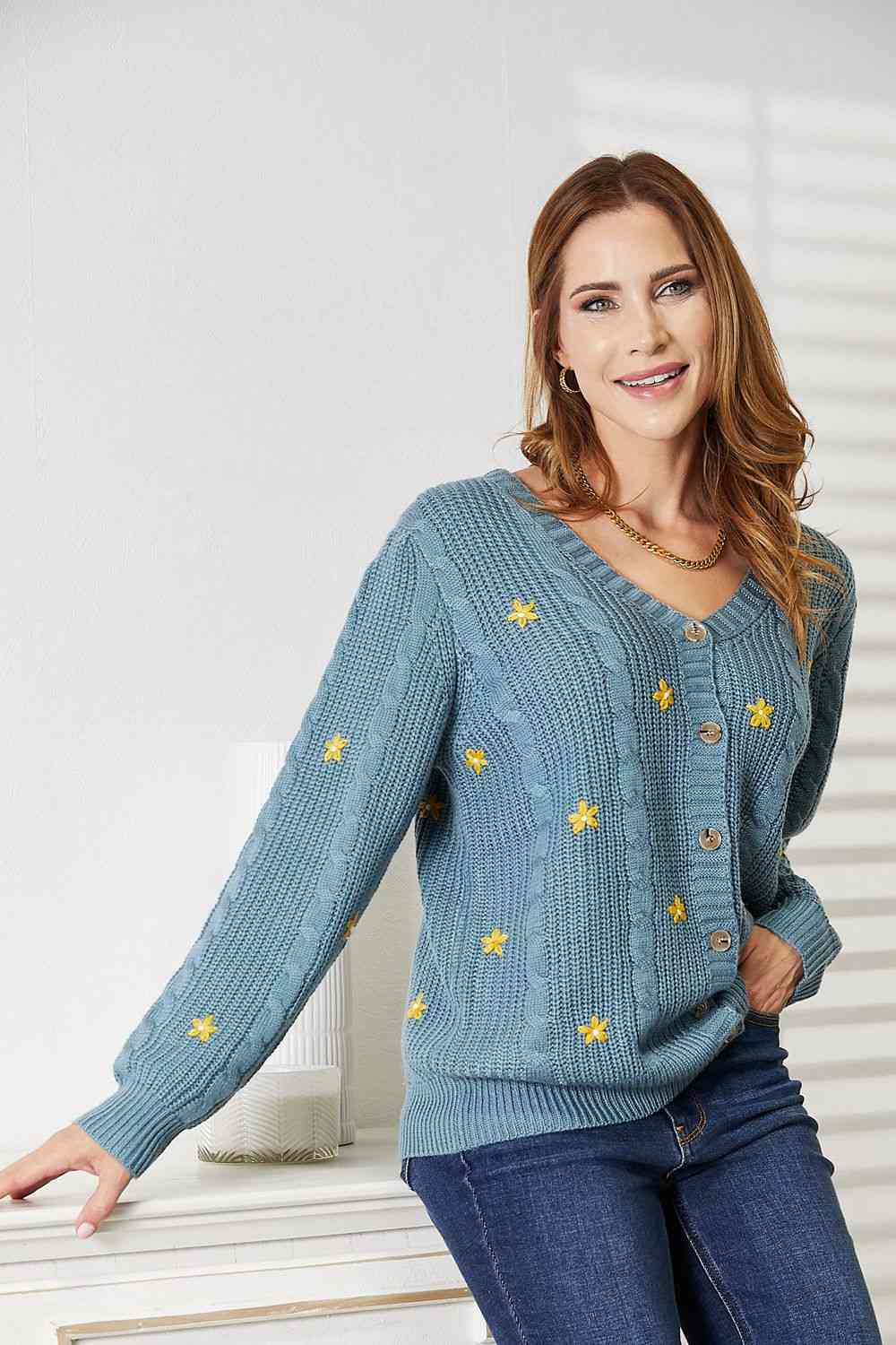 Full Size Floral Embroidered Cable Cardigan