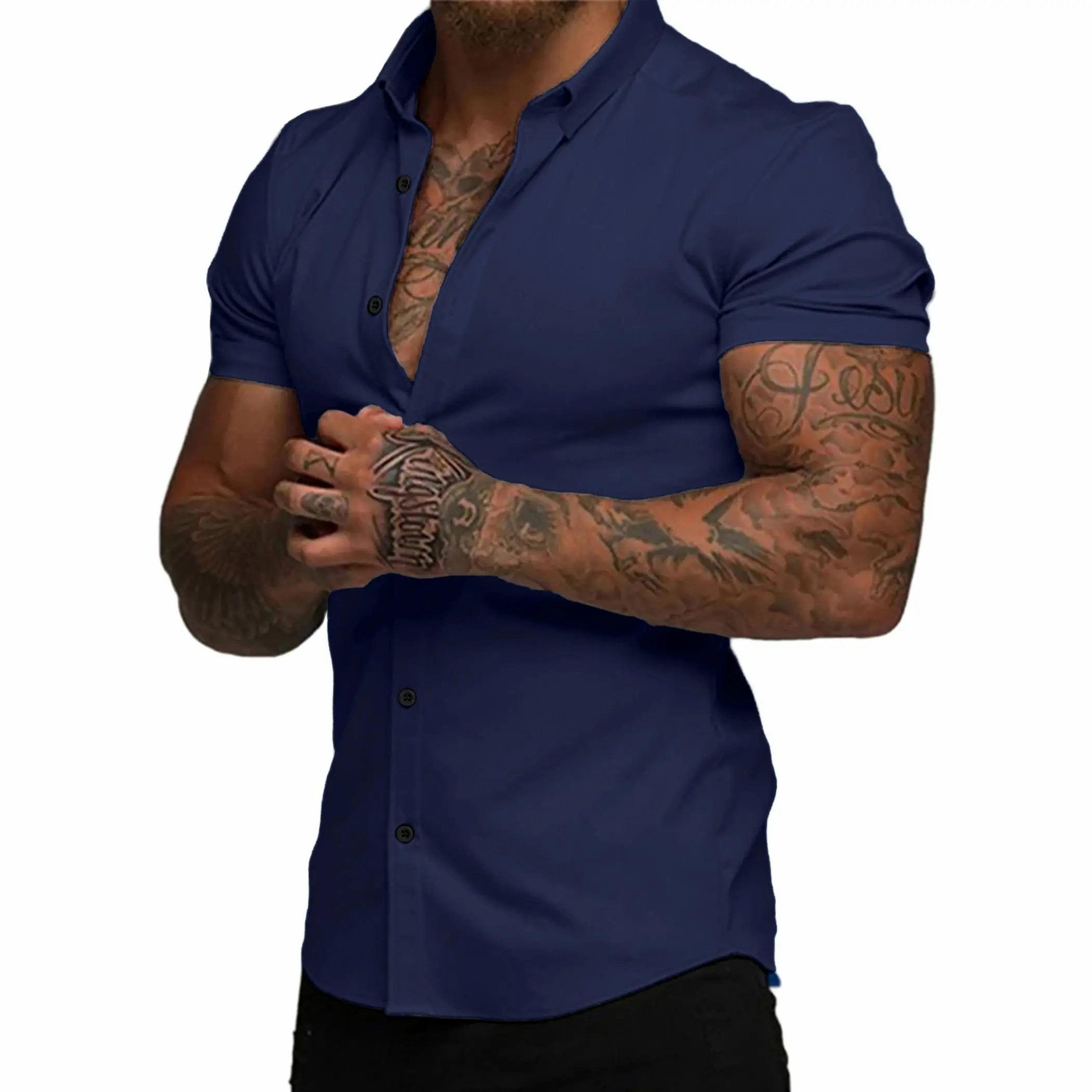 Men's Muscle Fit Short Sleeve Dress Shirt – 4-Way Stretch, Wrinkle-Free, Casual Button Down