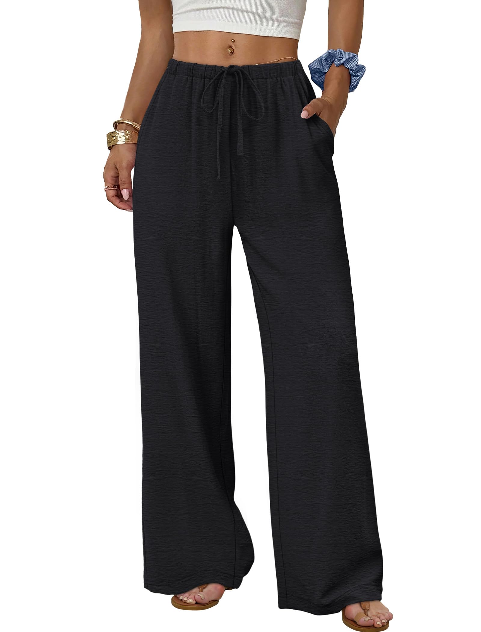 ✨ MAY SALE | Wide Leg Pants for Women Flowy Palazzo Drawstring Elastic Waist Trousers with Pockets-100% Cotton✨