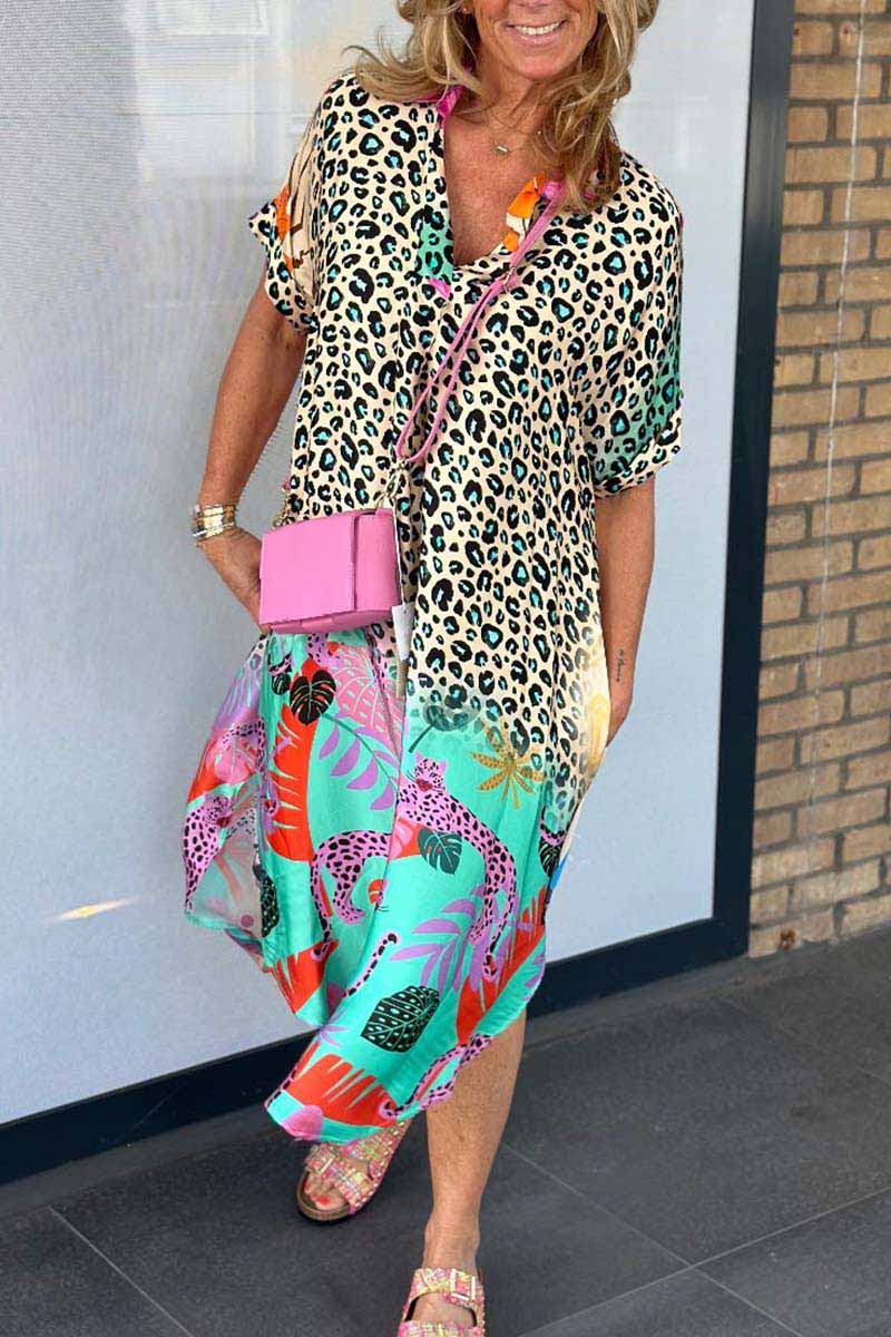 Women's Summer Plus Size Dress Casual Leopard Print Short Sleeve Dress