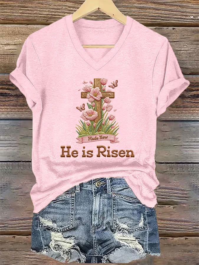 Women's He Is Risen Print V Neck T-shirt