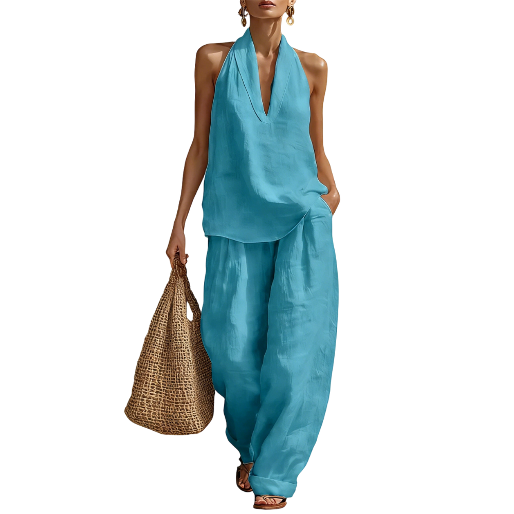 Women's Halter Neck Linen Two Piece Outfit – Casual Sleeveless Top and Wide Leg Pants Set