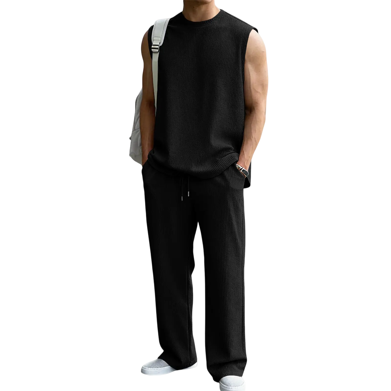 Mens 2 Piece Rib Knit Sweatsuit Summer Sleeveless Tank