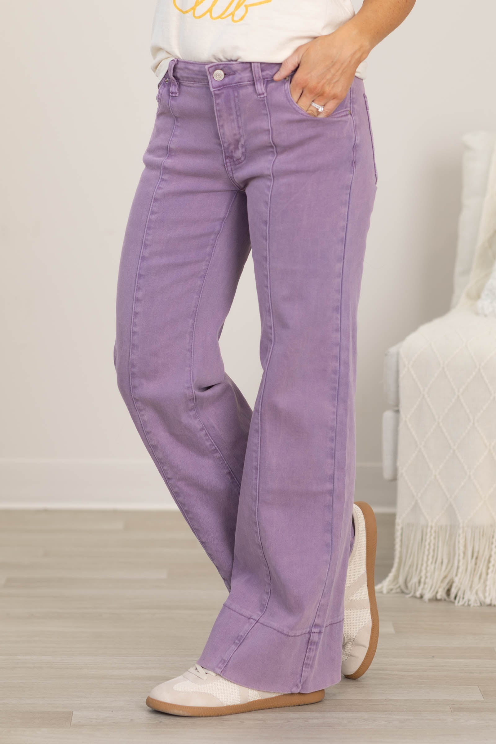 Mid Rise Wide Leg Color Denim Pants