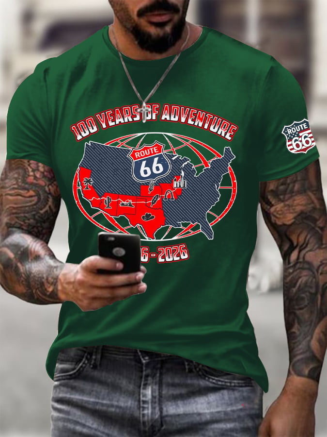 Men's Vintage USA Flag Road Trip Print Round Neck T-shirt