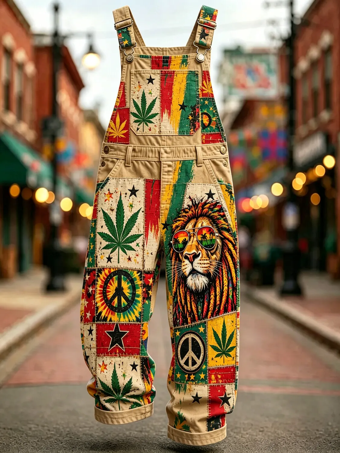 Men's Retro Lion Plants Geometric Patchwork Reggae Art Print Overalls Jumpsuit