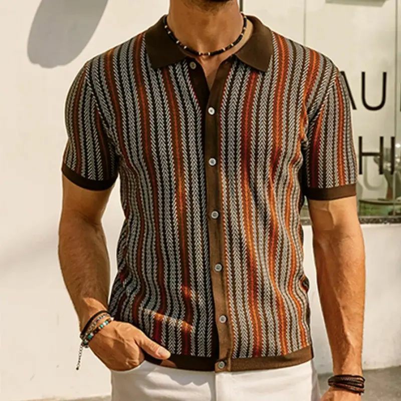 Mens Knit Polo Shirts Vintage Casual Short Sleeve Shirt Golf Button Down Pinstripe Old Money Top