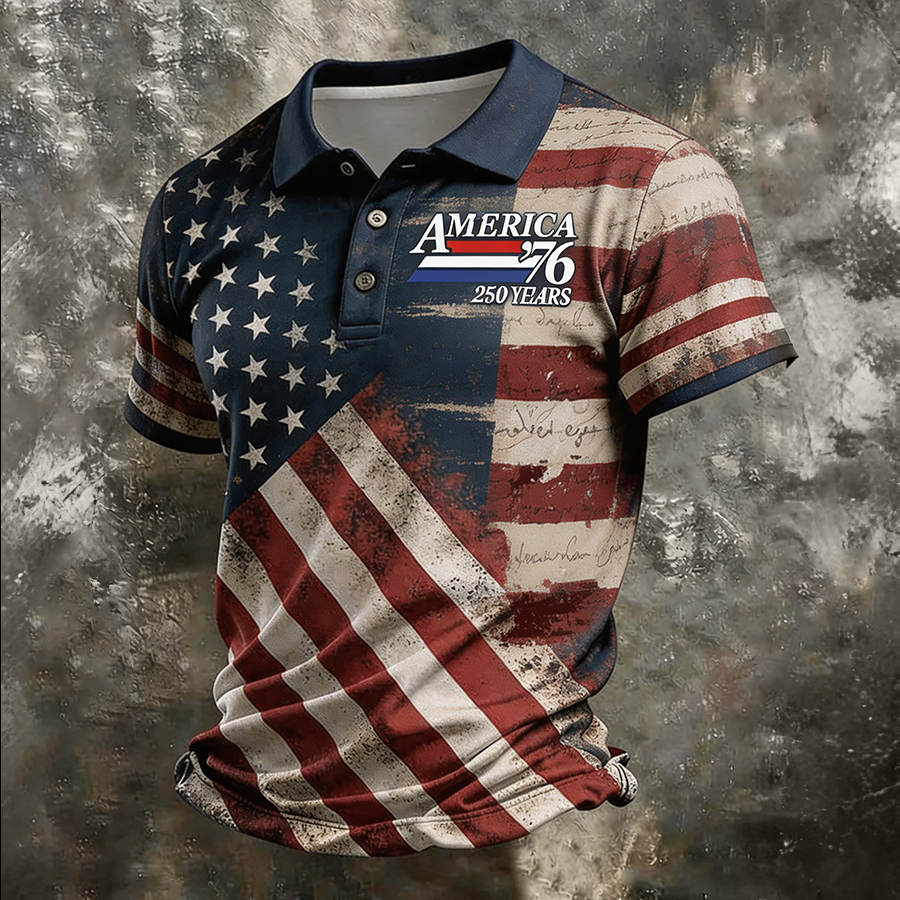 Men's America '76 Distressed American Flag Polo Shirt