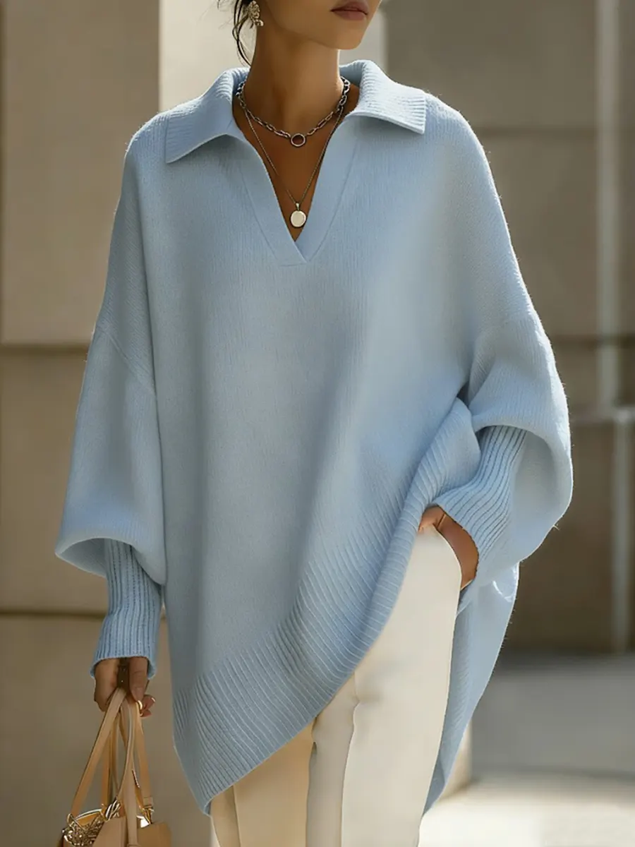 Women's Solid Color V-neck Long-sleeved Casual Loose-fitting Knitted Pullover Sweater