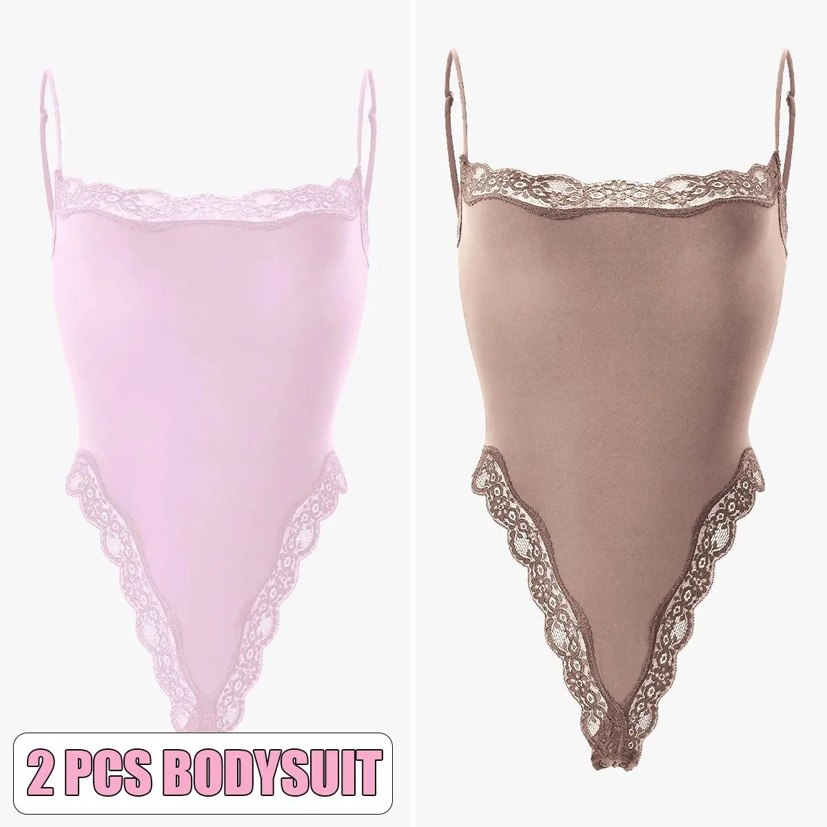 KatchMe Lace Series Women's Simple Style Spaghetti Strap Lace Trim Breathable Bodysuit