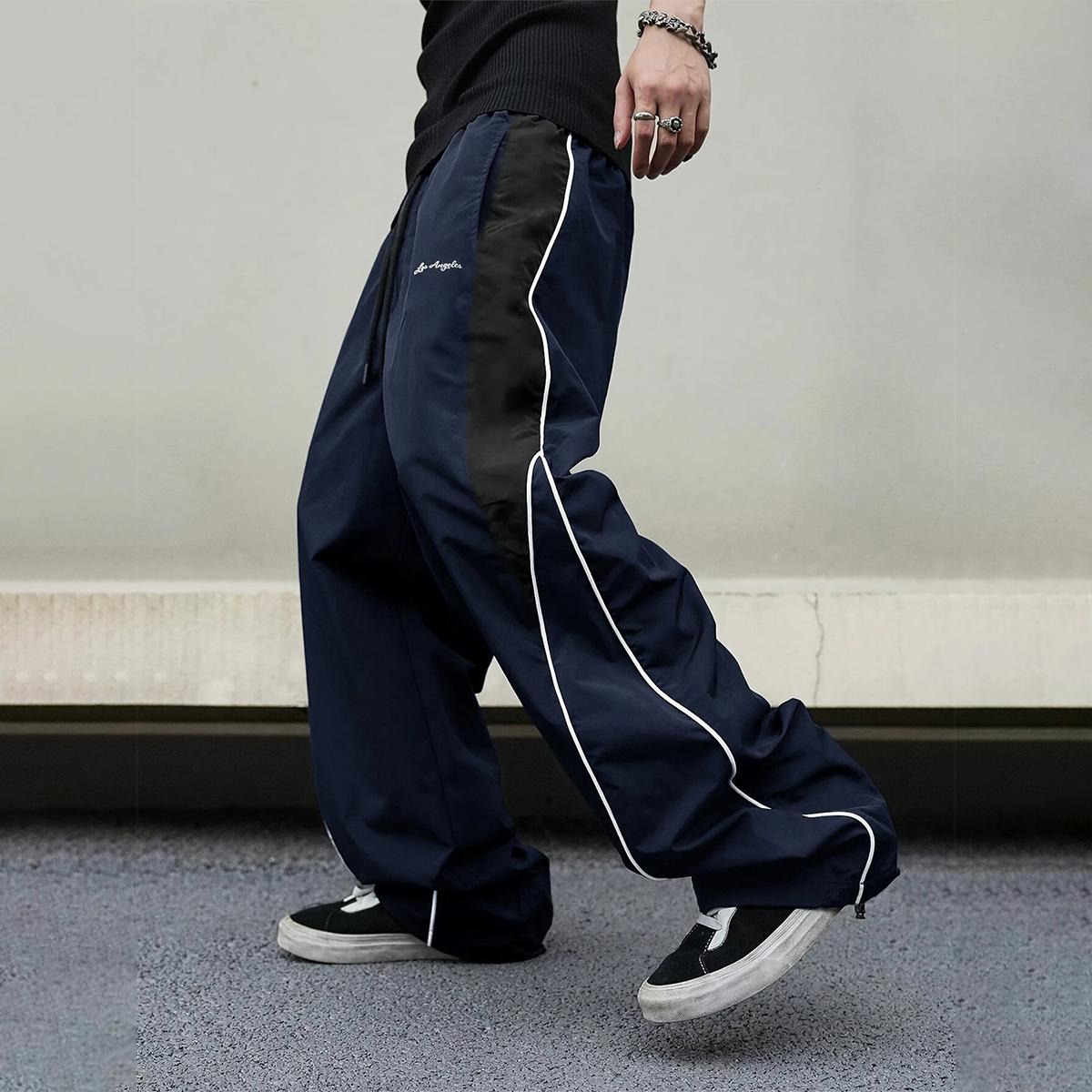 Men's High-Street Style Color-Block Spliced ​​Wide-Leg Pants with Side Stripes and Drawstrings