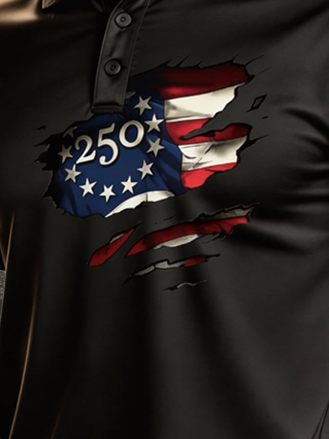 Men's Retro Patriotic Color-Block Short-Sleeve Polo Shirt