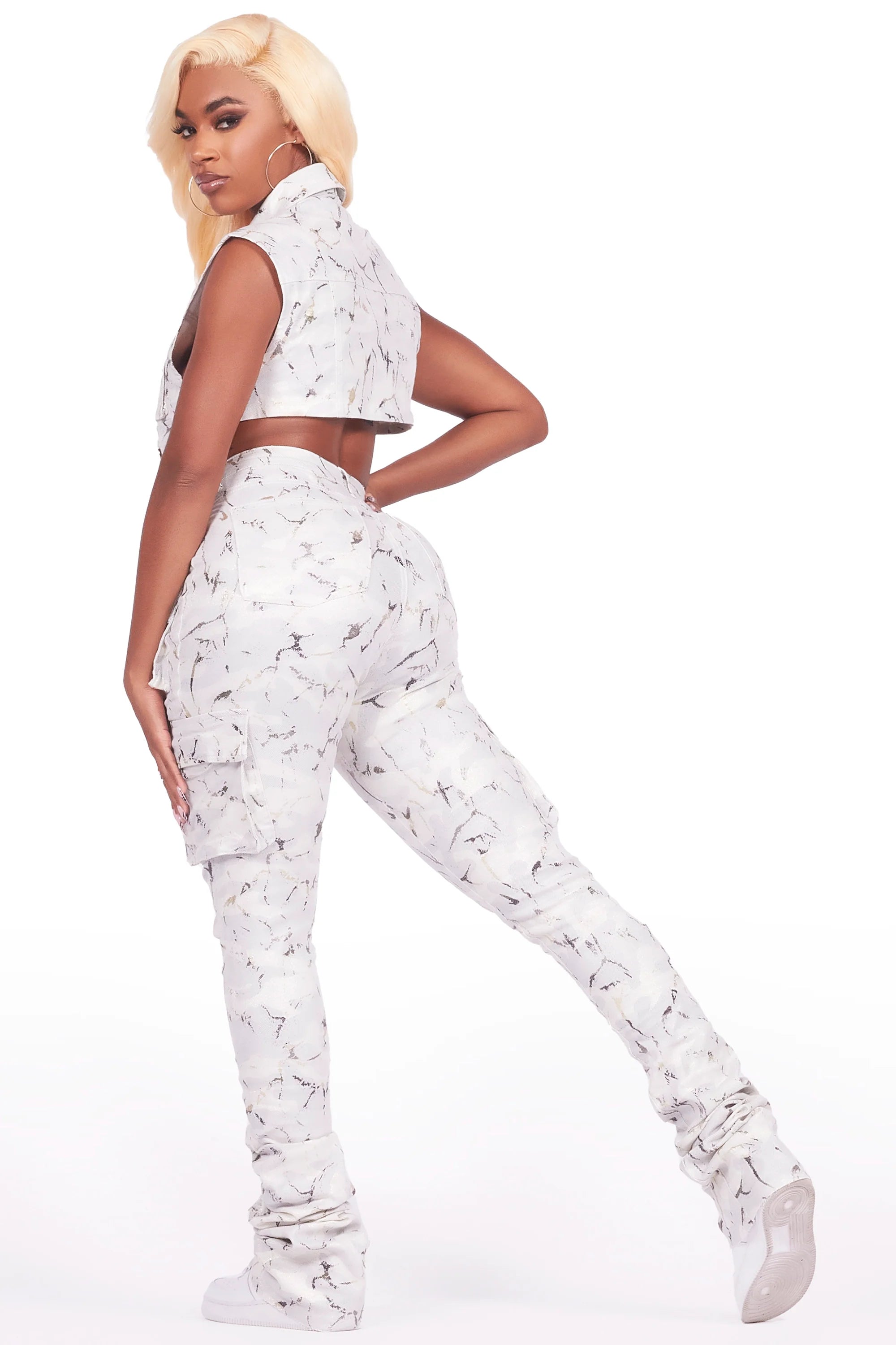 Miyah White Camo Cargo Faux Leather Vest