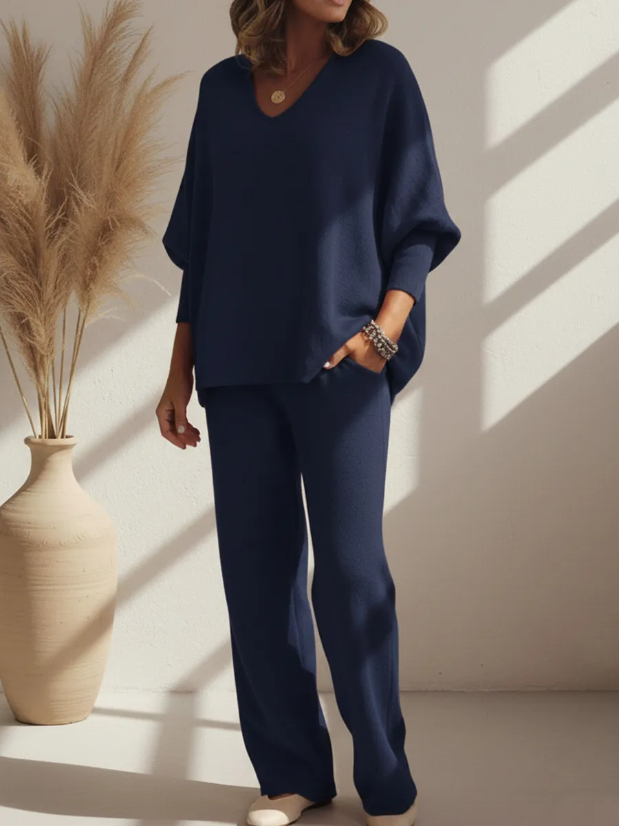 Cozy Solid Color V-neck Knit Top And Pants Two-piece Set