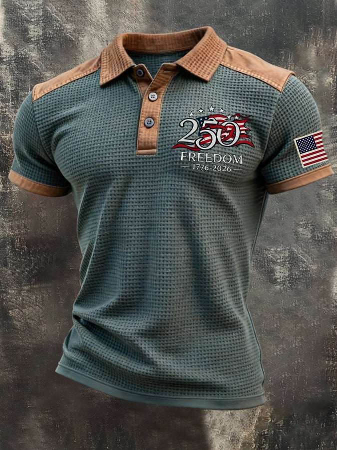 Men's Retro Waffle-Knit Patriotic Color-Block Short-Sleeve Polo Shirt