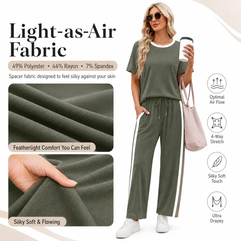 2 Piece Lounge Sets for Women Matching Set Summer Outfits Short Sleeve Tops Wide Leg Pants with Pockets