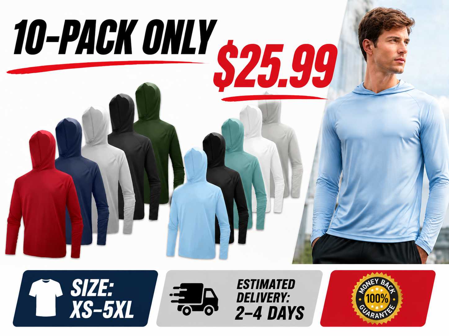 Men's Quick-Drying Athletic Shirt 10-Piece Set — Long-Sleeve Hooded Fishing Shirts & Gym Tops