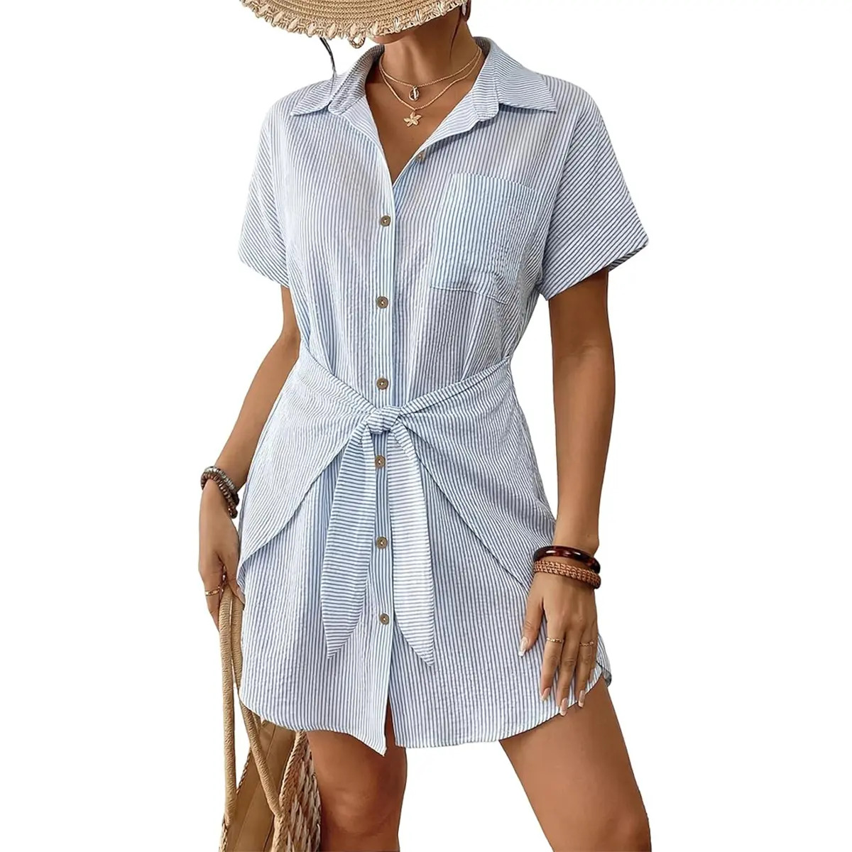 Women's Short-Sleeve Button-Front Tie-Waist Beach Shirt Dress