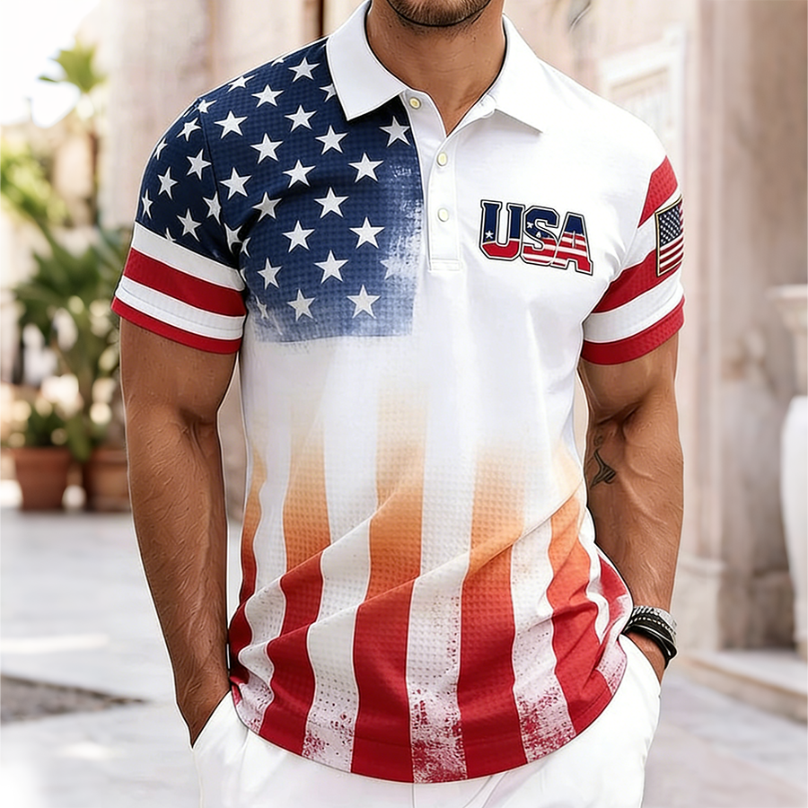 Men'S Casual American Five-Star Flag Gradient Personalized Printed Short Sleeved Polo Shirt
