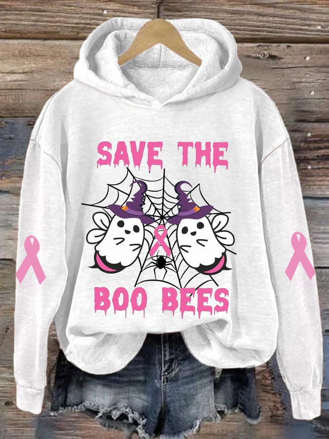 Women's Pink Halloween Ghost Save The Boo Bees Breast Cancer Awareness Warrior Hoodie