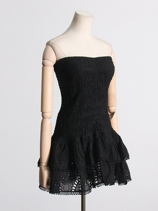 Embroidered Tube Top Dress With Hollow Ruffles And Stitching Design A-Line Skirt