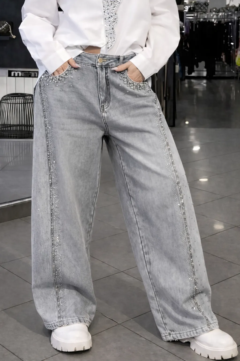 Women's Tie Shirt + Jeans Rhinestone Suit