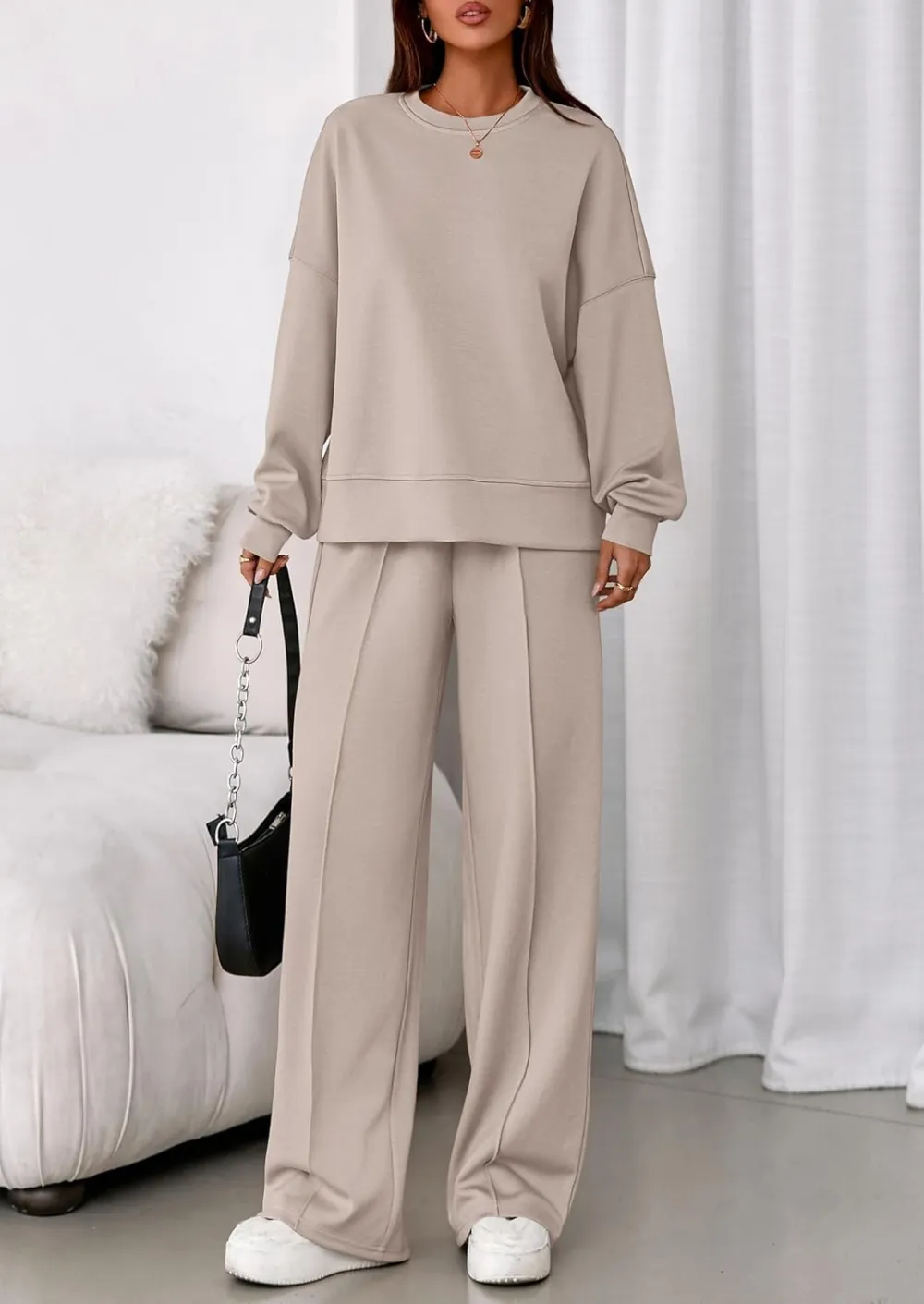 2 Piece Sets For Women Fall Trendy Long Sleeve Sweatshirt Wide Leg Pants Loungewear