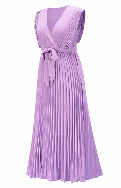 Beach Lotus Leaf Sleeve Chiffon Pleated Skirt Solid Color Dress