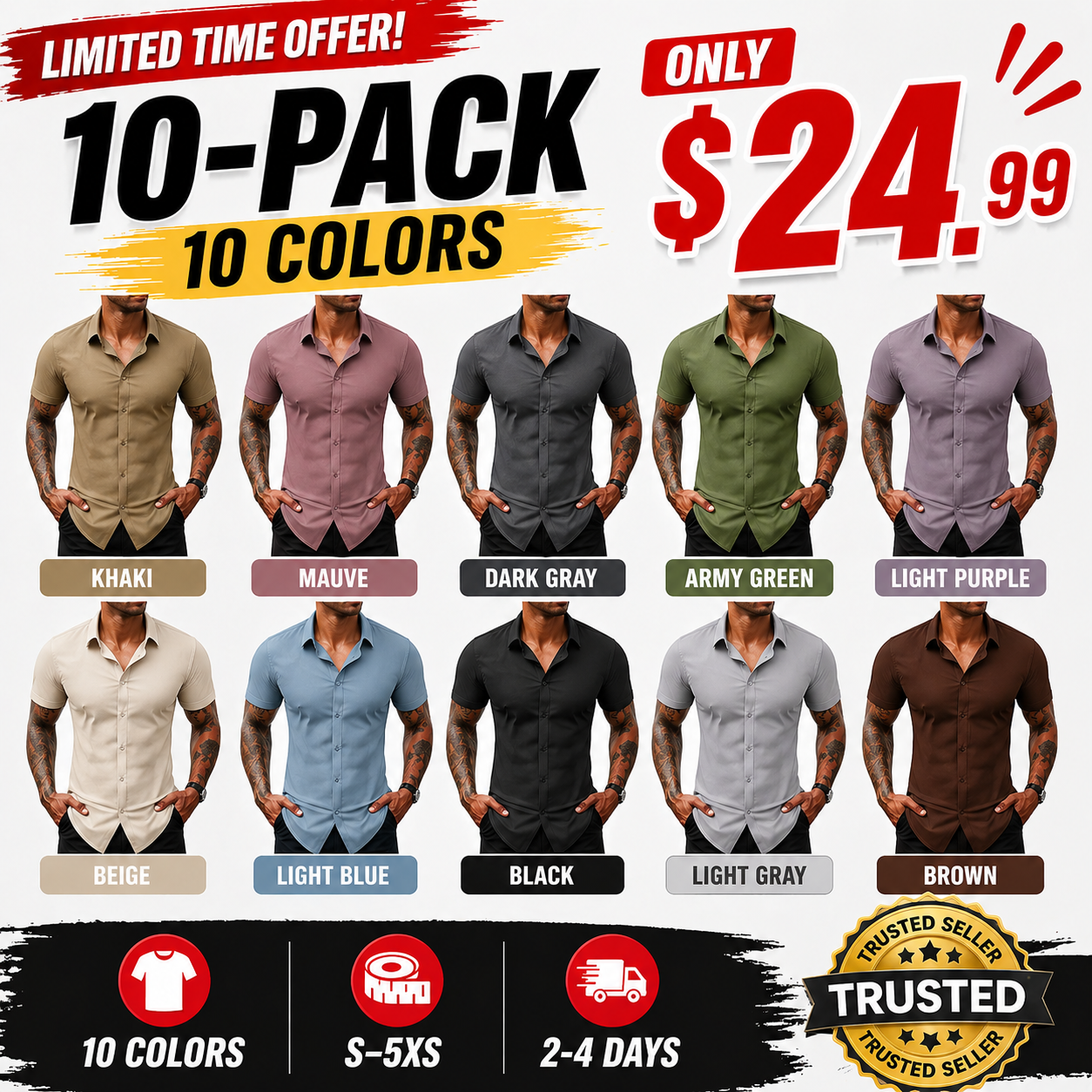 Men's Stretch Dress Shirt — Short-Sleeve Slim-Fit Business Casual Button-Down (Athletic Fit)