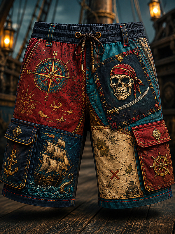 Men's Mysterious Skeleton Pirate Print Drawstring Cargo Shorts