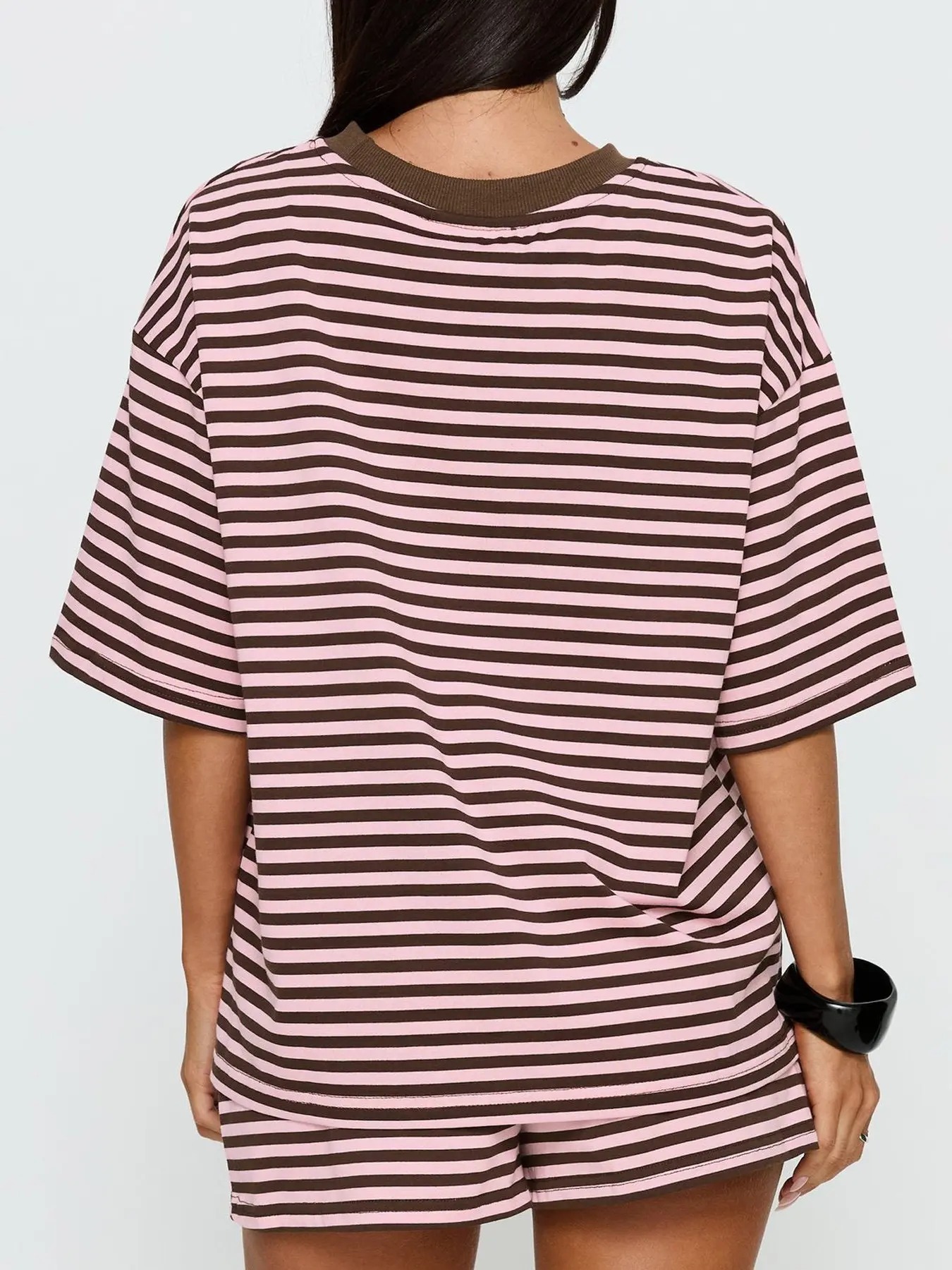 Women's Striped 2 Piece Lounge Set Oversized Short Sleeve T-Shirt & Drawstring Shorts Y2K Casual Matching Outfit