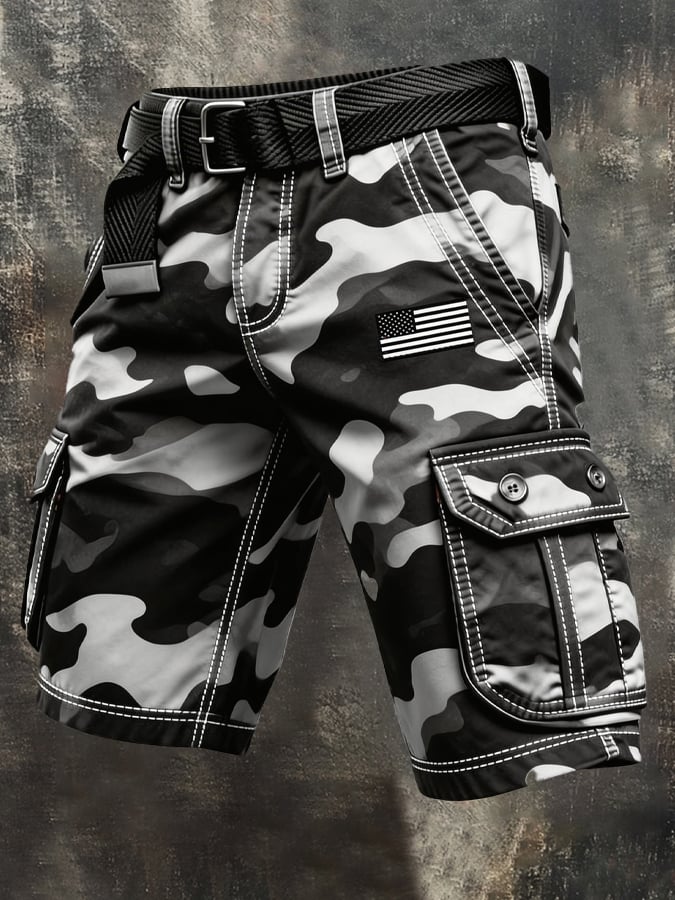 Men's Retro Camo Distressed Pocket Cargo Shorts (Belt Not Included)