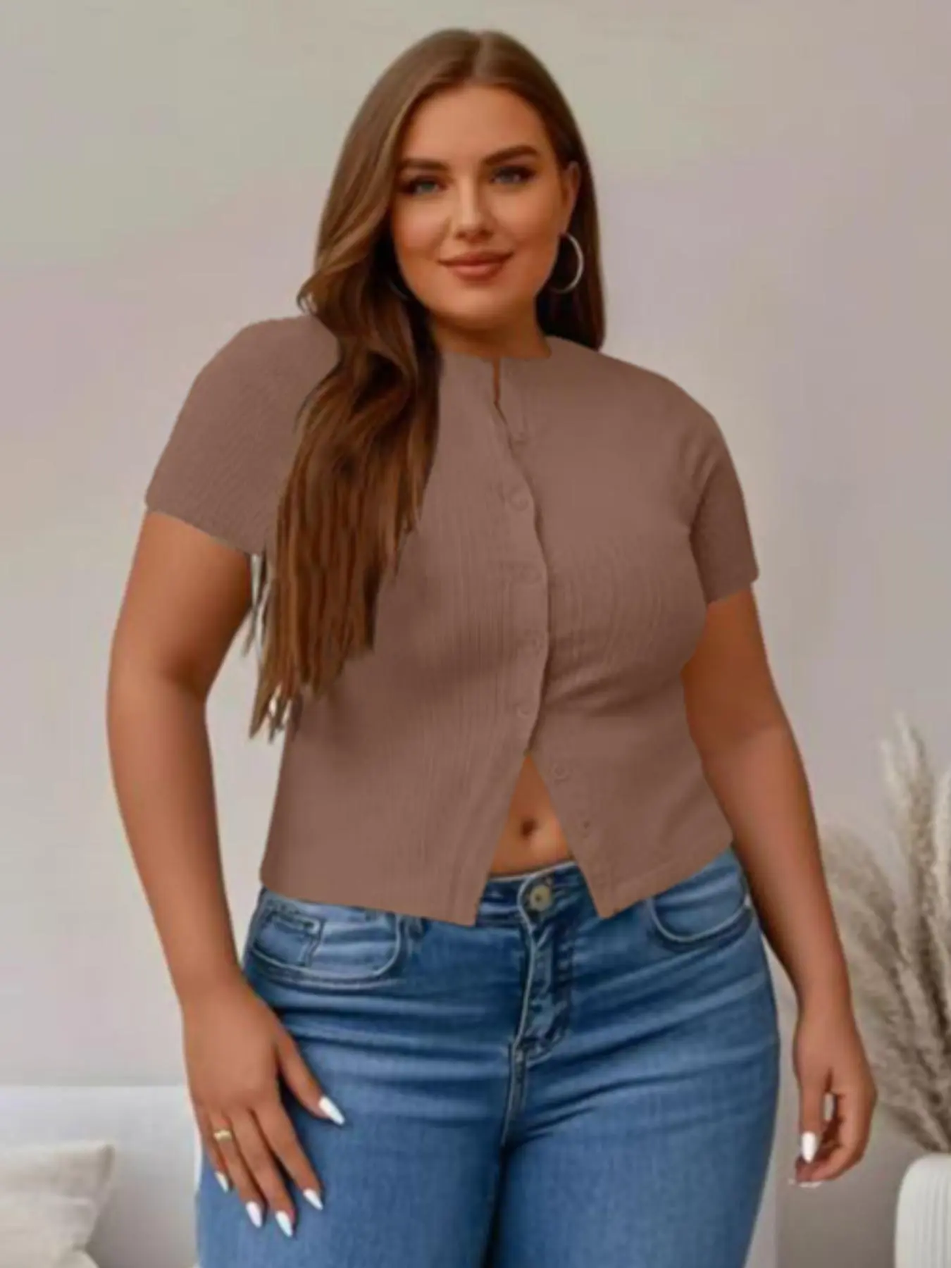 【Plus Size】 Solid Ribbed Short Sleeve Top, Casual Button Front Top for Summer, Women's Plus Clothing for Daily Wear